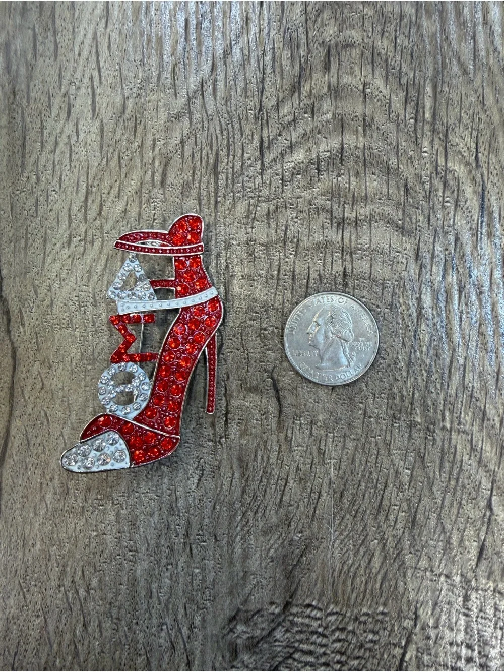 red and white crystal rhinestone stiletto shoe brooch (delta sigma)